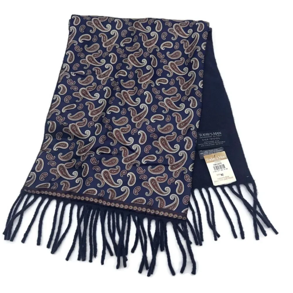 Todays Man Silk/Wool Fringed Paisley Scarf - Navy